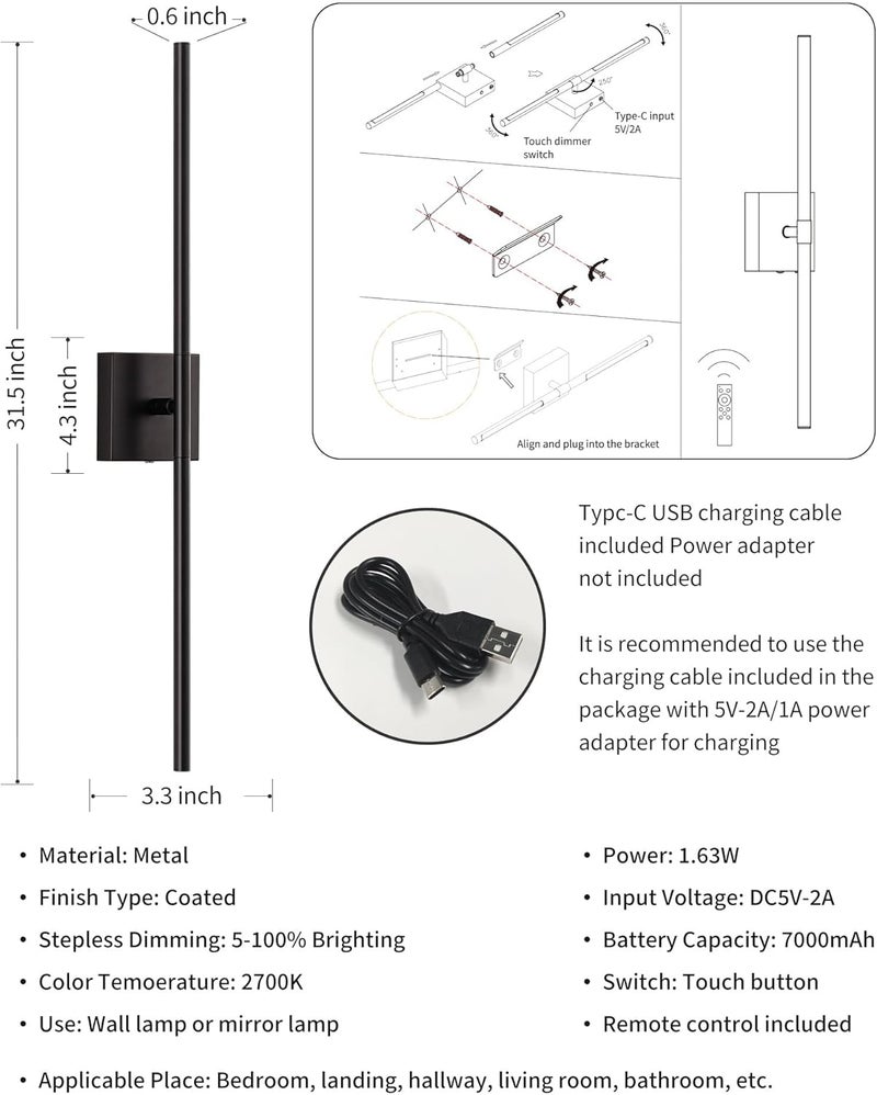KDG Cordless Wall Sconces Set of 2, Wireless 5200mAh Rechargeable Battery Operated LED Wall Lamps with Remote, 360° Rotate Lightings for Wall Painting, Bedroom, Hallway, Night Light 31.5 inch (Black) - Image 4